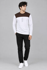 Men’s White & Brown Colorblock Full Sleeve T-Shirt
