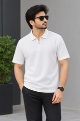 Men’s Premium Textured Zip-Collar Polo Shirt – White