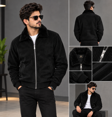 Men’s Premium Black Corduroy Jacket – Faux Fur Collar