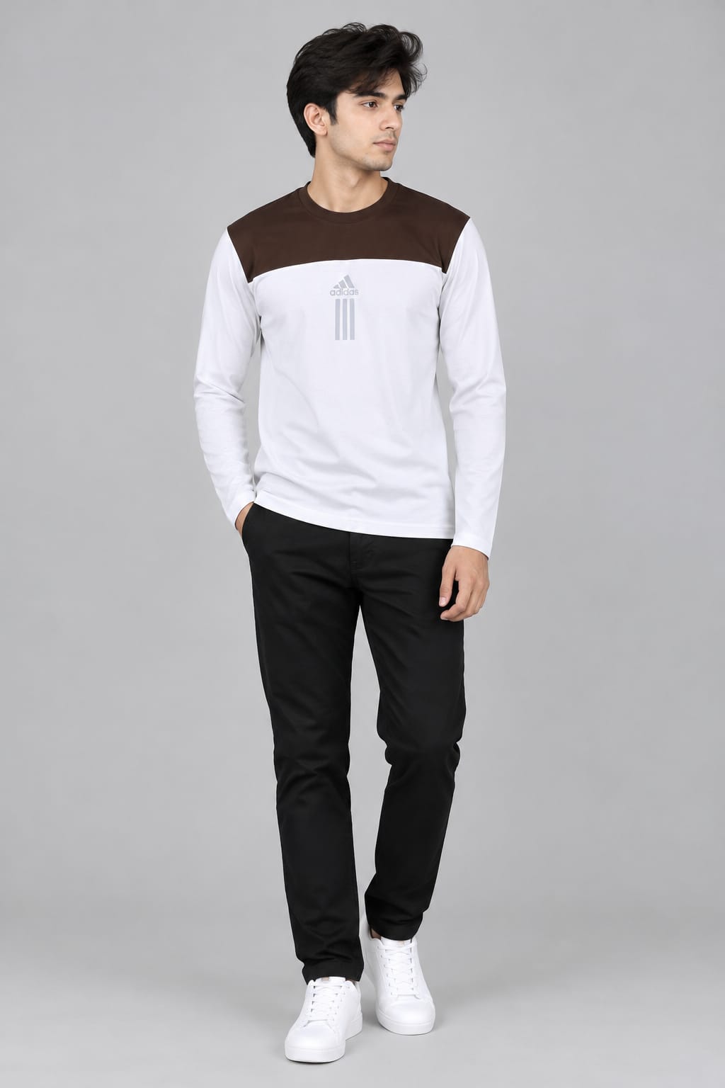 Men’s White & Brown Colorblock Full Sleeve T-Shirt