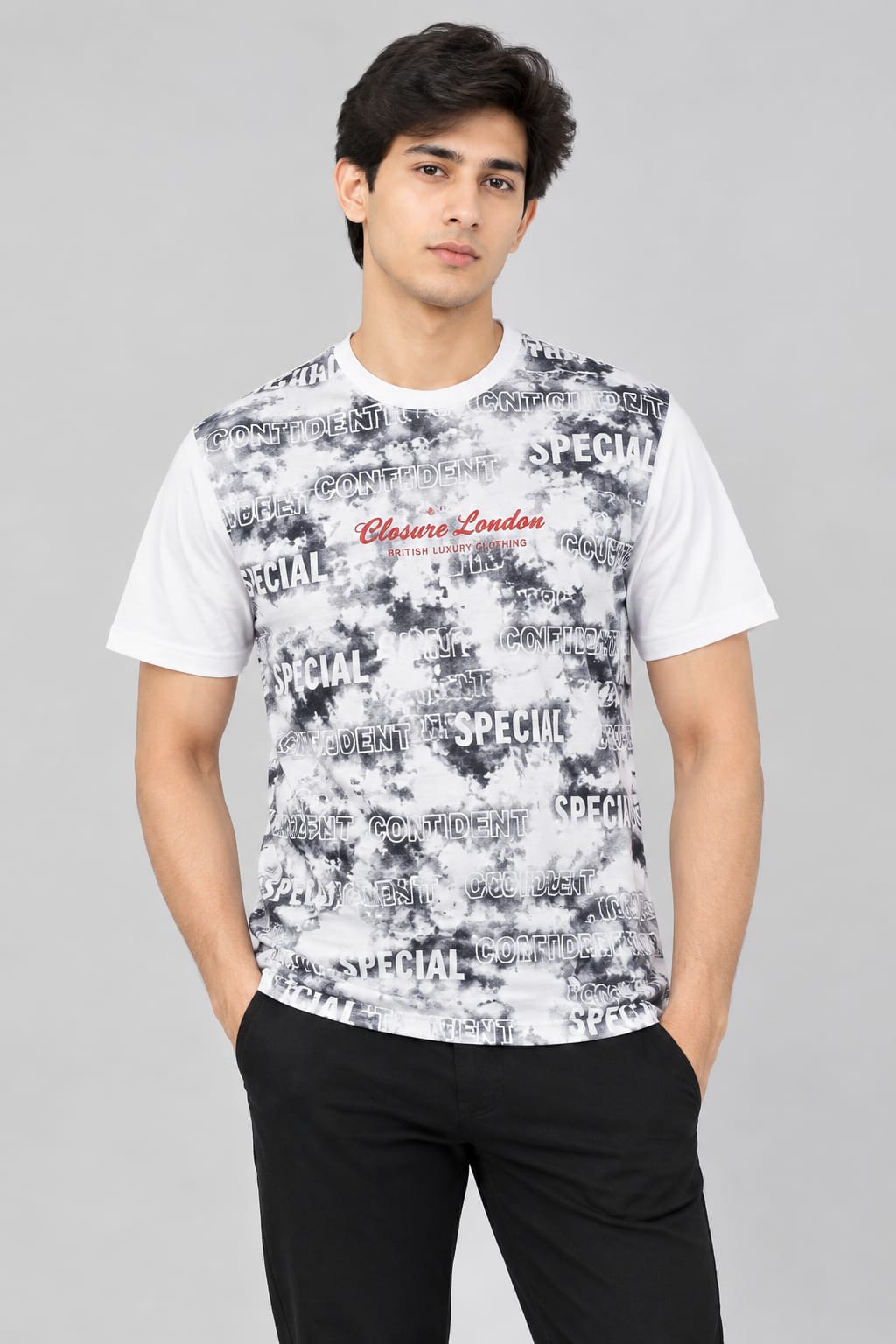 Men’s White & Grey Graphic Print T-Shirt – Short Sleeve Casual Tee