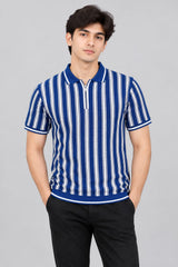 Men’s Black & White Vertical Striped Polo T-Shirt – Short Sleeve Zip Collar