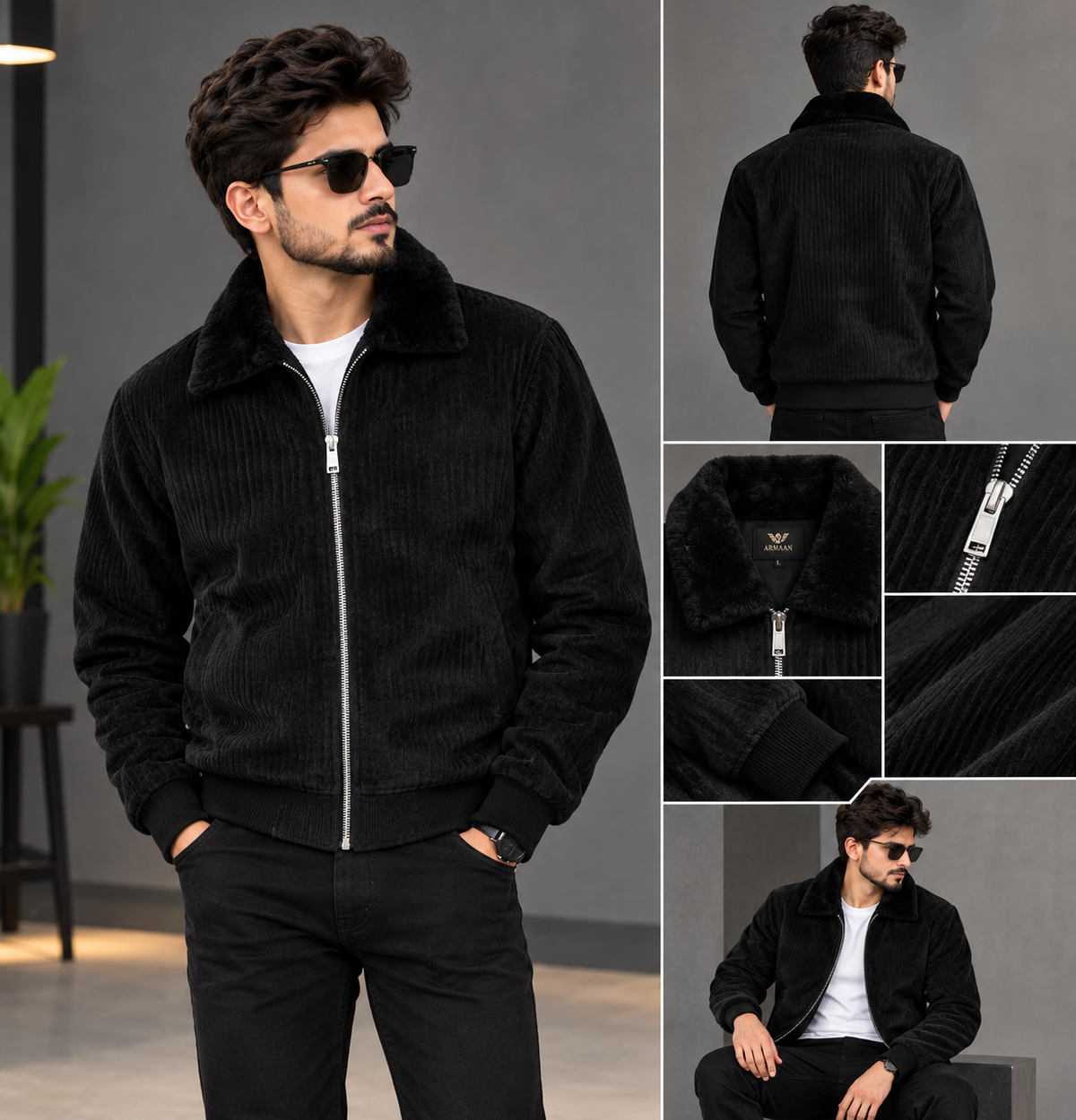 Men’s Premium Black Corduroy Jacket – Faux Fur Collar