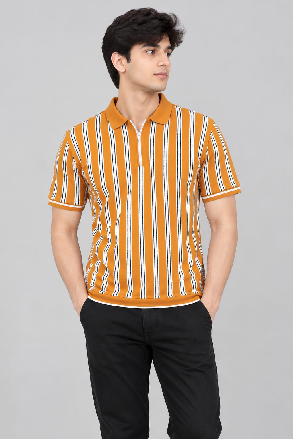 Men’s Black & White Vertical Striped Polo T-Shirt – Short Sleeve Zip Collar